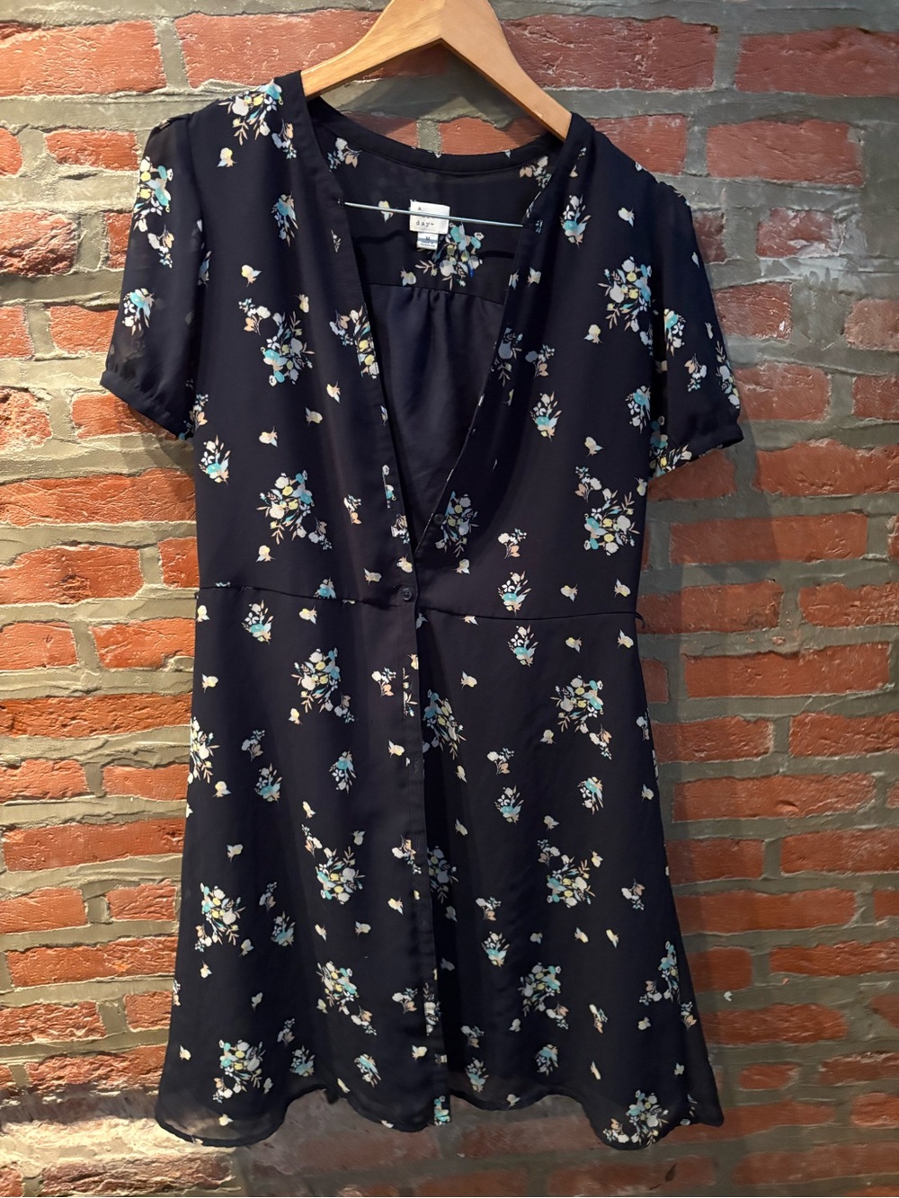 a new day Black Floral Dress with Blue and Cream Blossoms